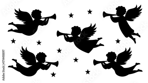 Black angel silhouettes, five graceful figures with wings and trumpets, surrounded by twinkling stars, ideal for festive holiday and spiritual design