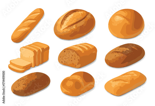 Bakery goods flat icons set. featuring baguette, ciabatta, sourdough, brioche, rye, and multigrain bread symbols