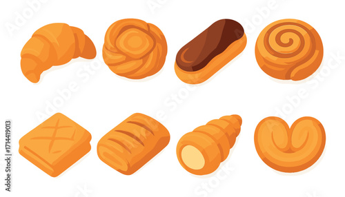 Bakery treats flat icon set. featuring croissant, bun, éclair, swirl roll, pastry, strudel, horn, palmier.