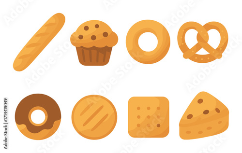 Bakery flat icon set. featuring bread, muffin, donut, pretzel, pastry, and cookie symbols