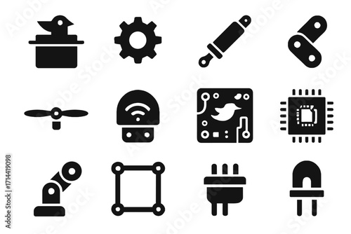 Indicator motor actuator robotic icons icon rotor microchip circuit vector component gear