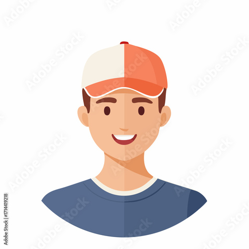 Vector illustration of a smiling young man in a casual t-shirt and baseball cap, a friendly face avatar for a user profile picture