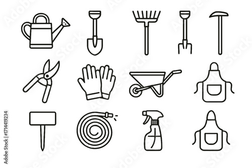 Rake garden icon watering tools shears wheelbarrow hoe spray vector hose