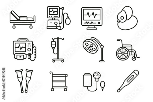 Pressure vector equipment bed stand ecg hospital oxygen icon medical crutches icons