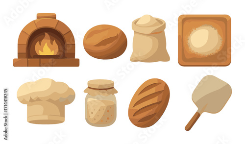 Bakery flat icon set. featuring oven, bread, flour, dough, chef hat, jar, loaf, and peel tools