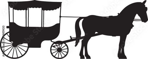 black silhouette of horse cart on white background, vector