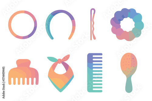 Hair accessories neon silhouette icon set. featuring circle, headband, bobby pin, scrunchie, claw, scarf, comb, brush