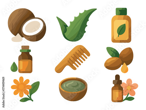 Natural beauty flat icon set. featuring coconut, aloe vera, oil bottle, comb, flower, and argan symbols