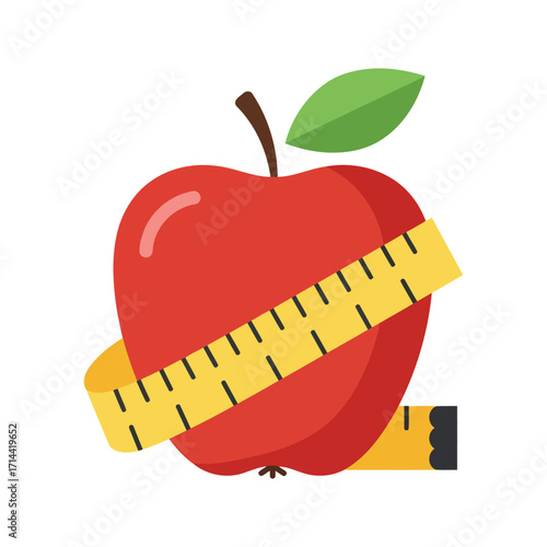 Red apple with a yellow measuring tape wrapped around it, symbolizing health, diet, and weight loss.