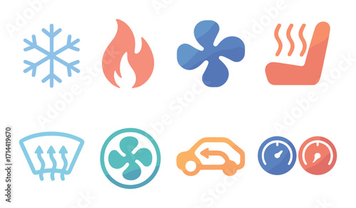 Car climate control linear icon set. featuring snowflake, fire, fan, heated seat, defrost, vent, and temperature symbols