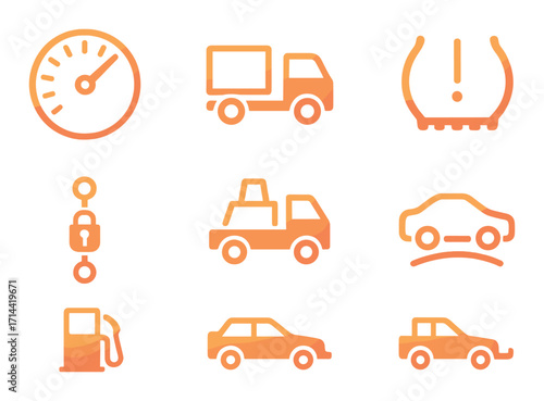 Automotive neon icon set. featuring speedometer, delivery truck, tire pressure, towing, refueling, and sedan symbols