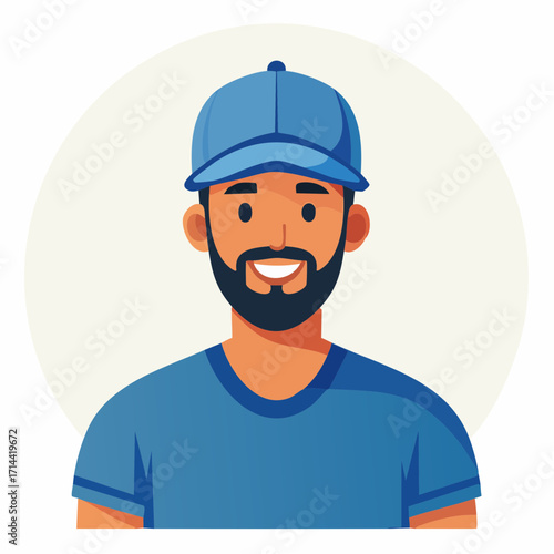 Cheerful man portrait wearing a blue cap and smiling, flat style illustration