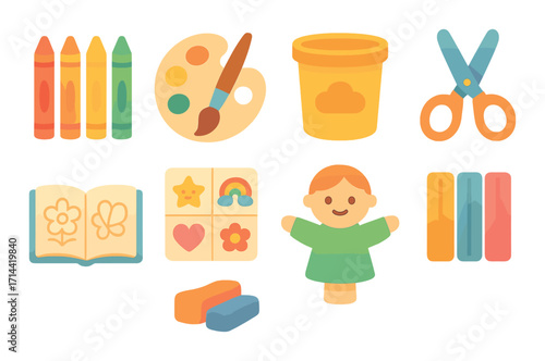 Kids crafts flat icon set. featuring crayons, palette, playdough, scissors, coloring book, blocks, doll
