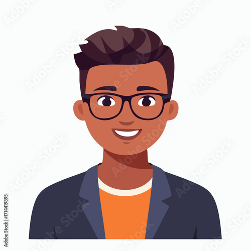 Portrait of a young, smiling man wearing glasses and a blazer, representing professionalism and modern style