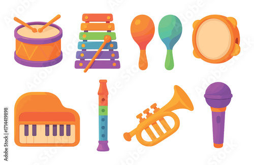 Musical instruments flat icon set. featuring drum, xylophone, maracas, tambourine, piano, recorder, trumpet, microphone.