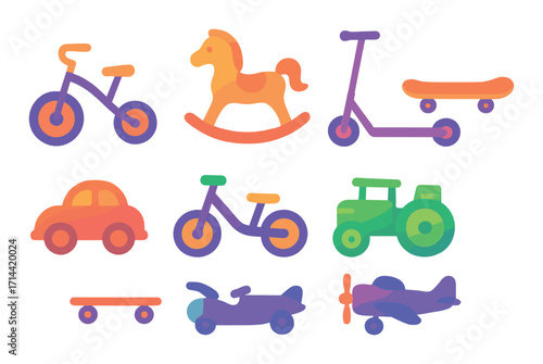 Children's toys neon icon set. featuring bicycle, rocking horse, scooter, skateboard, car, tractor, plane