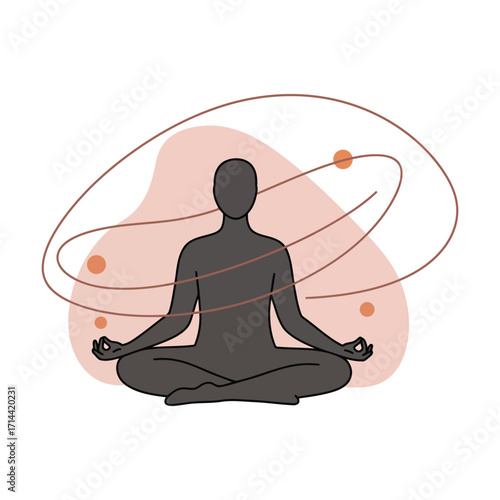 Person meditating in lotus pose with abstract cosmic elements, representing inner peace and universal connection and mindfulness.