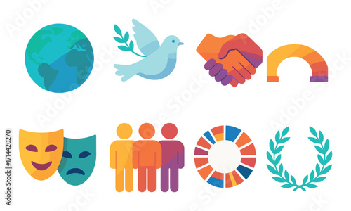Peace and unity flat icon set. featuring globe, dove, handshake, rainbow, theater masks, people, global goals, laurel