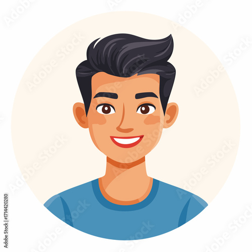 Friendly and smiling young Asian man avatar. Modern vector illustration of a happy male character for social media profiles or app interfaces, conveying approachability and positive energy