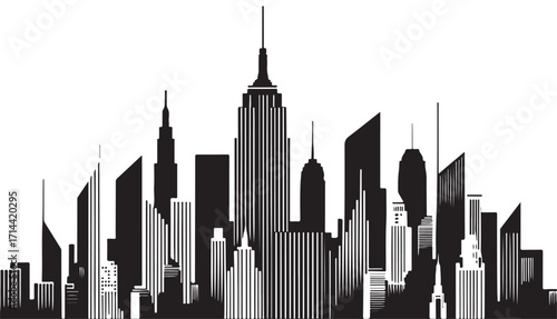 Detailed representation of an urban skyline showing iconic skyscrapers. Perfect for illustrating cityscapes, urban themes, architecture designs, and metropolitan development concepts