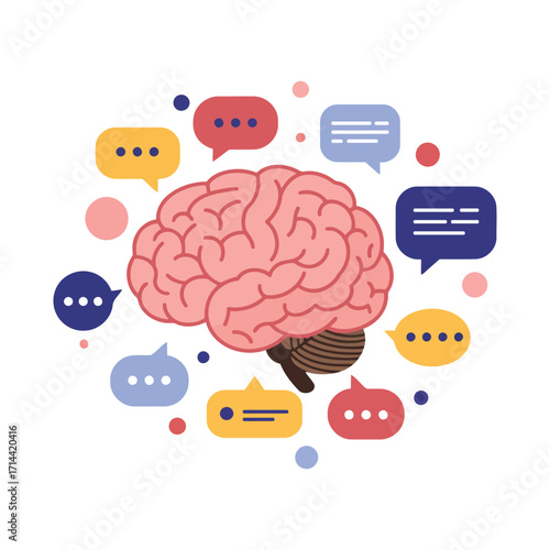 Brain surrounded by speech bubbles, representing communication and thought.