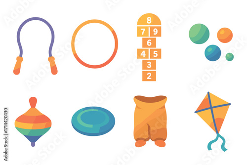 Children's toys flat icon set. featuring jump rope, hula hoop, hopscotch, bubbles, spinning top, frisbee, shorts, kite