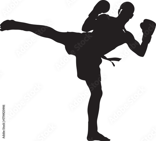 Black silhouette of kickboxer mid-kick, white background, minimal style