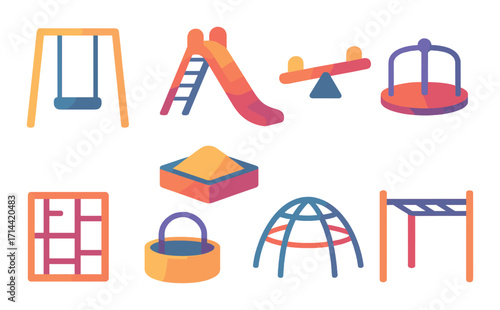 Playground equipment neon icon set. featuring swing, slide, seesaw, carousel, sandbox, bridge