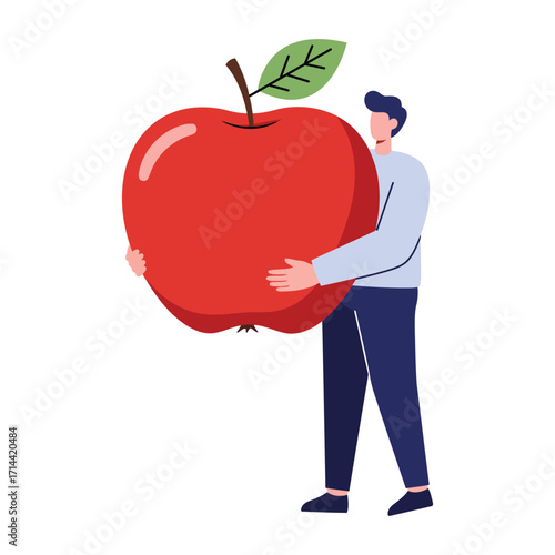 Man holding a giant red apple with a green leaf.
