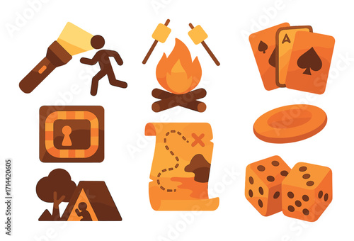 Camping silhouette icons set. featuring flashlight, hiker, campfire, cards, lock, map, tent, dice, frisbee
