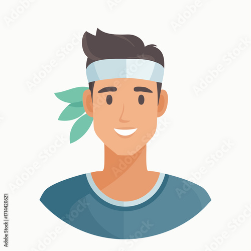 Smiling Athlete Illustration with Headband and Green Leaves Design