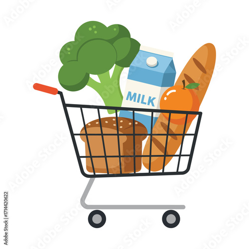 A shopping cart full of groceries including milk, bread, broccoli, and an orange.