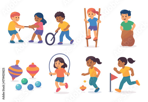 Outdoor play silhouette icon set. featuring tag, hoop, stilts, sack race, jumping rope, and spinning tops