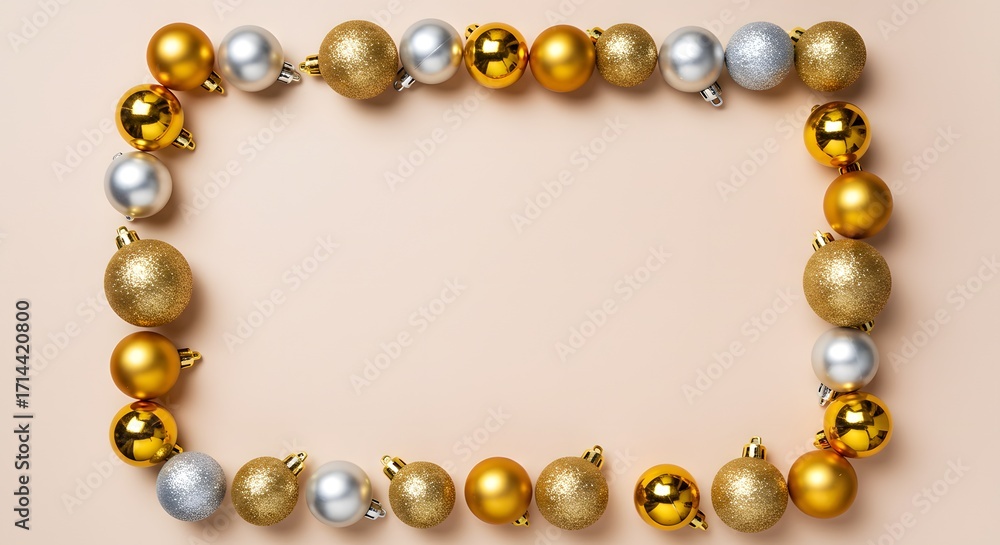 Fototapeta premium Christmas Ornament Frame: Gold and Silver Baubles on a Neutral Background