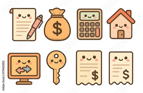 Finance and home flat icon set. featuring contract, money bag, calculator, house, computer, key, and bills