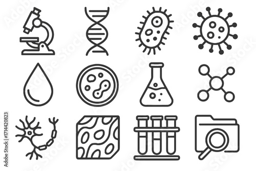 Icon flask lab neuron blood virus research vector bio diagram bacteria dna