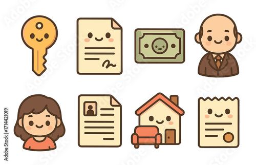 Real estate flat icon set. featuring key, contract, money, agent, client, id, house, receipt
