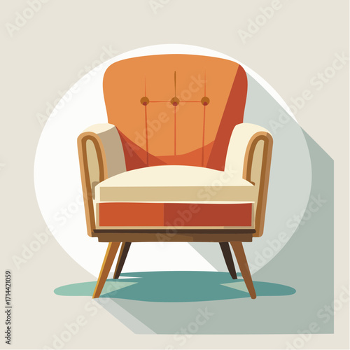 Stylish mid-century modern armchair illustration with a retro orange design and wooden legs, isolated