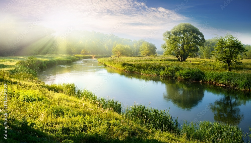 Fototapeta premium Tranquil Landscape Scene With River And Tree Nature Digital Art