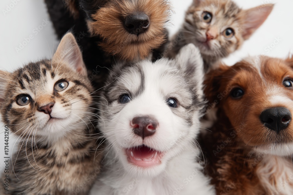 Fototapeta premium Cute puppies and kittens looking at the camera, showcasing their playful curiosity and innocence.