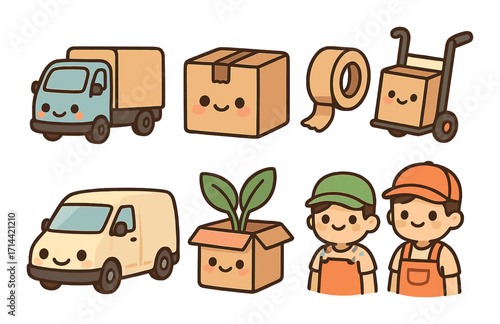 Delivery and packaging flat icon set. featuring truck, box, tape, dolly, van, plant, worker, and cap symbols