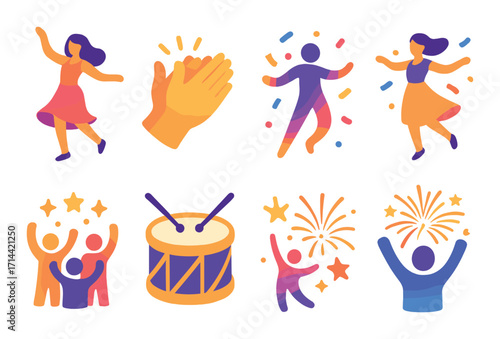 Celebration silhouette icon set. featuring dancers, applause, confetti, fireworks, and drum symbols