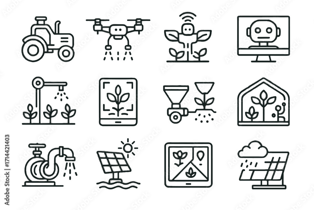 Naklejka premium Icons system weather vector monitor ai irrigation icon agriculture scanner pump fertilizer