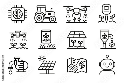 Futuristic solar icons farming crop robotic system assistant vector tractor sensor icon