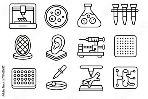 Set biofabrication vessel chip microplate lab printed scaffold bioprinter vector icon flask