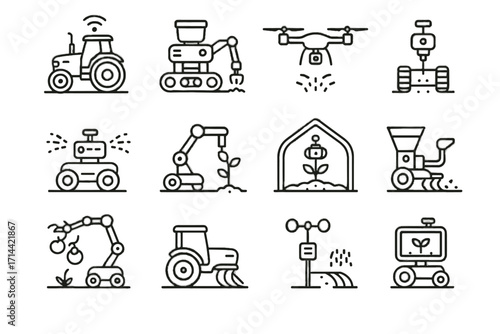 Irrigation autonomous tractor robot farmer sensor vector icon monitor seed soil