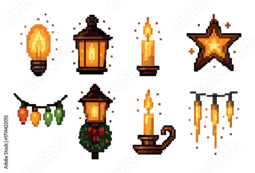 Holiday lighting pixel icon set. featuring bulb, lantern, candle, star, wreath, garland, and icicle designs