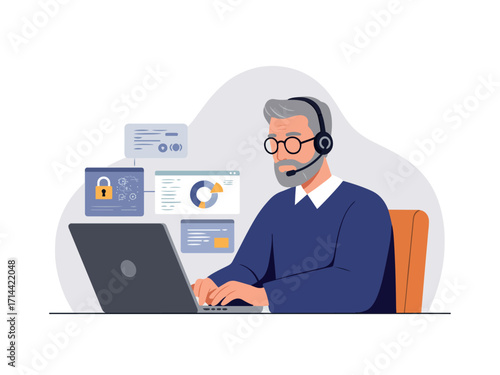 Cybersecurity analyst monitoring laptop with headset flat vector illustration