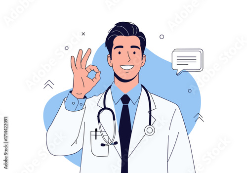 Doctor Showing Okay Gesture with Stethoscope and Speech Bubble.