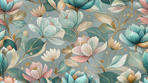 Kimono Petals Japanese Floral Seamless Pattern, gold-outlined lotus and magnolia on sage teal, elegant wagara botanical repeat wallpaper and textile background, vintage decorative illustration